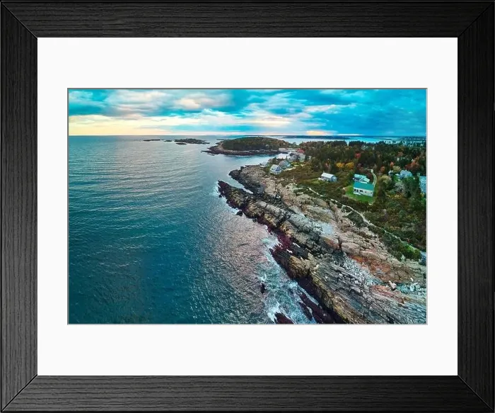 Framed Print : Ocean and rocky coast of Maine aerial with houses and trails Framed Print : Ocean and rocky coast of Maine aerial with houses and trails
