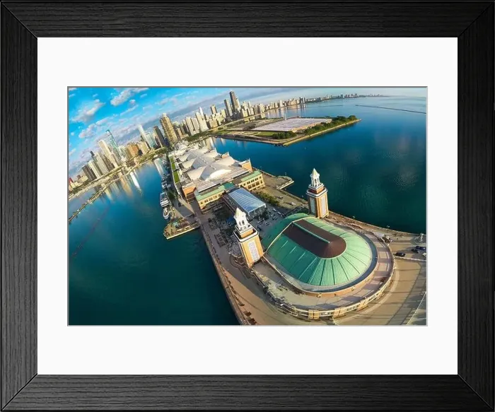 Framed Print : Warped wide panorama from drone of Navy Pier with Chicago skyline in distance Framed Print : Warped wide panorama from drone of Navy Pier with Chicago skyline in distance
