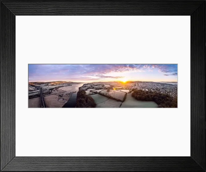 Framed Print : Sunrise over Fields and River Teign from a drone, Newton Abbot, Devon, England, Europe Framed Print : Sunrise over Fields and River Teign from a drone, Newton Abbot, Devon, England, Europe