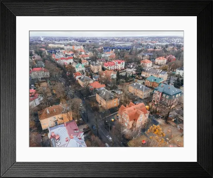 Framed Print : Beautiful houses in the old town of Kaliningrad. Old German architecture. aerial view from drone Framed Print : Beautiful houses in the old town of Kaliningrad. Old German architecture. aerial view from drone