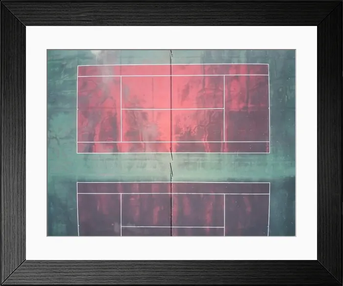 Framed Print : Empty tennis court aerial view showing a red surface court with green edges and white marking lines Framed Print : Empty tennis court aerial view showing a red surface court with green edges and white marking lines