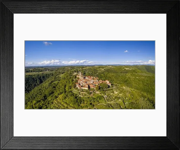 Framed Print : Aerial panoramic drone picture of the medieval town of Groznjan on the Istrian peninsula during daytime in summer Framed Print : Aerial panoramic drone picture of the medieval town of Groznjan on the Istrian peninsula during daytime in summer