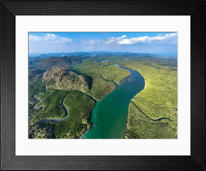 Framed Print : Aerial view of Bo Chet Luk port Harbour with long tail boats, in Satun Geopark, Thailand Framed Print : Aerial view of Bo Chet Luk port Harbour with long tail boats, in Satun Geopark, Thailand