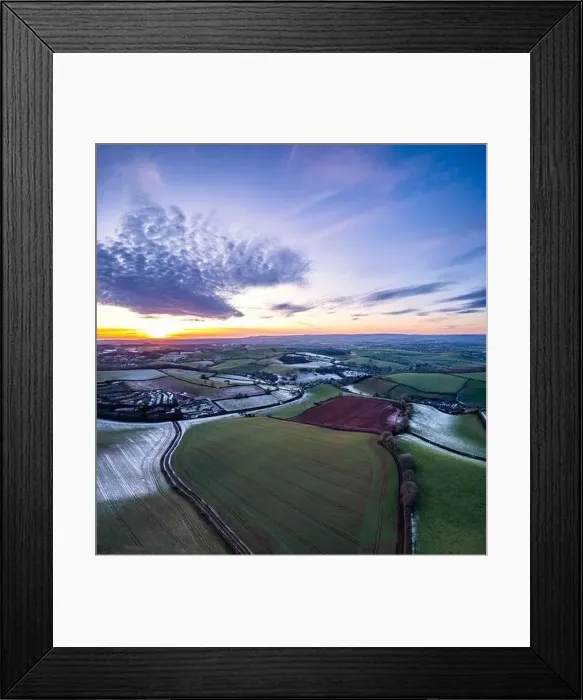 Framed Print : Sunset over Frosty fields and farms from a drone, Torquay, Torbay, Devon, England, Europe Framed Print : Sunset over Frosty fields and farms from a drone, Torquay, Torbay, Devon, England, Europe