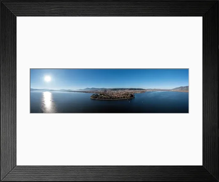 Framed Print : Greece, Ioannina city. Aerial panoramic drone view of Giannena town and Lake Pamvotis Framed Print : Greece, Ioannina city. Aerial panoramic drone view of Giannena town and Lake Pamvotis