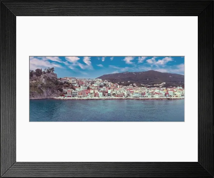 Framed Print : Parga, Epirus Greece. Aerial panoramic drone view of traditional Ionian coast city and the Venetian Castle Framed Print : Parga, Epirus Greece. Aerial panoramic drone view of traditional Ionian coast city and the Venetian Castle