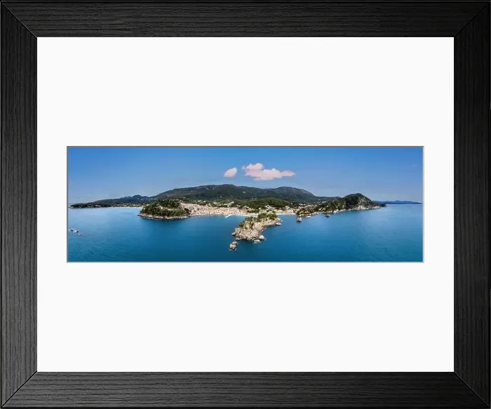 Framed Print : Greece Parga. Aerial panoramic drone view of traditional city on the coast Framed Print : Greece Parga. Aerial panoramic drone view of traditional city on the coast