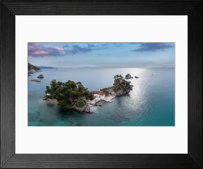 Framed Print : Greece Parga. Aerial drone view of Panagia island off the coast of Parga Framed Print : Greece Parga. Aerial drone view of Panagia island off the coast of Parga