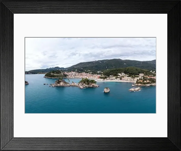 Framed Print : Greece Parga. Aerial drone view of traditional city on the coast Framed Print : Greece Parga. Aerial drone view of traditional city on the coast