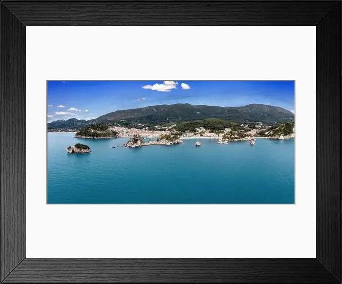 Framed Print : Greece Parga. Aerial drone view of traditional city on the coast Framed Print : Greece Parga. Aerial drone view of traditional city on the coast