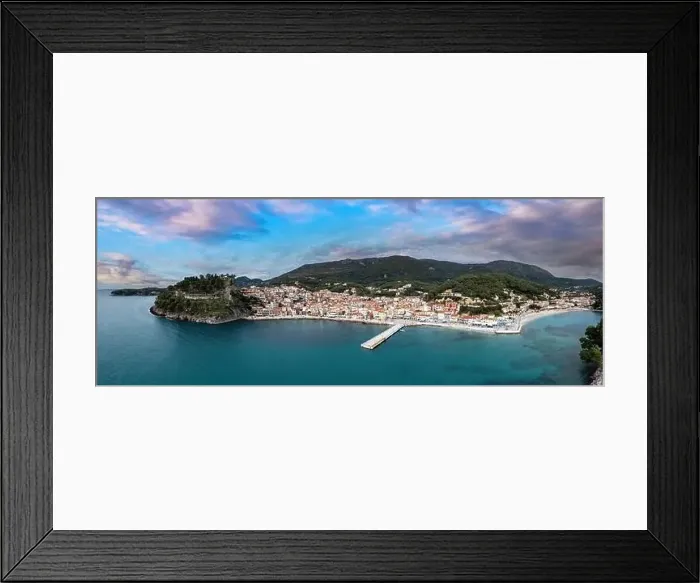 Framed Print : Greece Parga destination. Aerial panoramic drone view of traditional waterfront city and the Venetian Castle