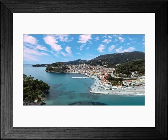 Framed Print : Parga Epirus Greece. Aerial drone view of waterfront Ionian city Framed Print : Parga Epirus Greece. Aerial drone view of waterfront Ionian city