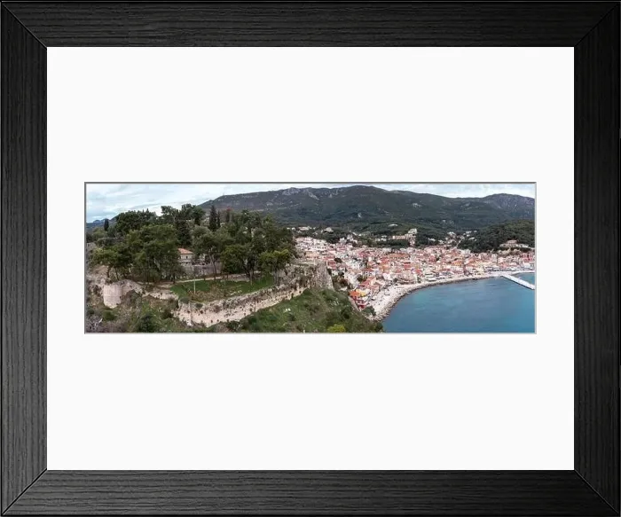 Framed Print : Greece Parga. Aerial drone view of traditional city on the coast Framed Print : Greece Parga. Aerial drone view of traditional city on the coast
