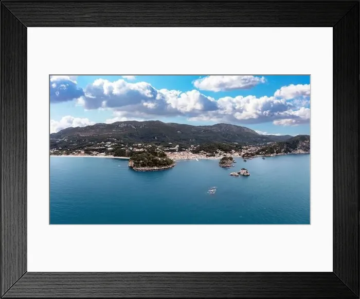 Framed Print : Greece Parga. Aerial drone view of traditional city on the coast Framed Print : Greece Parga. Aerial drone view of traditional city on the coast