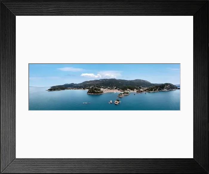 Framed Print : Greece Parga. Aerial panoramic drone view of traditional city on the coast Framed Print : Greece Parga. Aerial panoramic drone view of traditional city on the coast