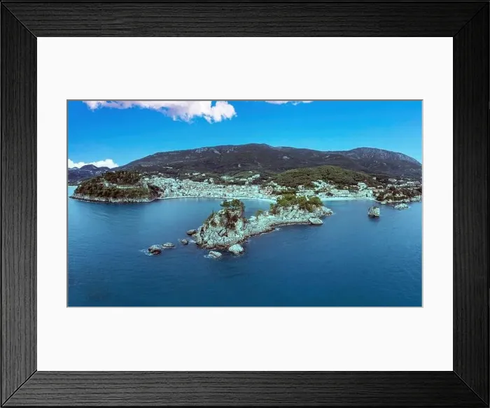 Framed Print : Parga Greece, Epirus. Aerial drone view of coastal city Framed Print : Parga Greece, Epirus. Aerial drone view of coastal city