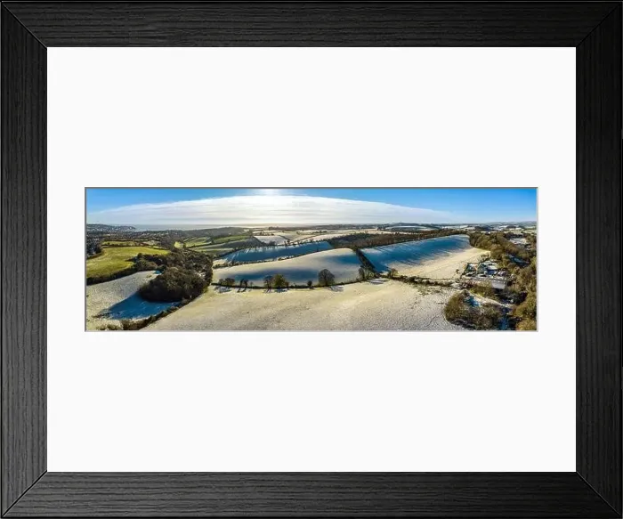 Framed Print : Fields and Farms shrouded in frost from a drone, Torquay, Devon, England Framed Print : Fields and Farms shrouded in frost from a drone, Torquay, Devon, England
