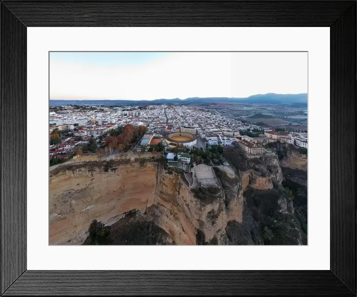 Framed Print : Bullring of the Royal Cavalry of Ronda aerial view at sunrise in Spain Framed Print : Bullring of the Royal Cavalry of Ronda aerial view at sunrise in Spain