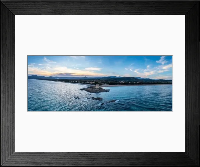 Framed Print : An aerial panorama landscape of the Torre di Barisardo beach on the east coast of Sardinia at dusk Framed Print : An aerial panorama landscape of the Torre di Barisardo beach on the east coast of Sardinia at dusk