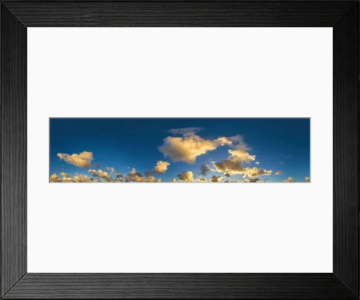 Framed Print : Golden glowing sunset sky panorama with Cirrus clouds Framed Print : Golden glowing sunset sky panorama with Cirrus clouds