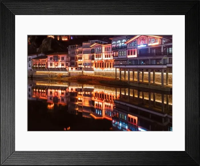 Framed Print : Amasya, Turkey - December 22, 2022 : Old Ottoman houses and clock tower view by the Yesilirmak River in Amasya City Framed Print : Amasya, Turkey - December 22, 2022 : Old Ottoman houses and clock tower view by the Yesilirmak River in Amasya City