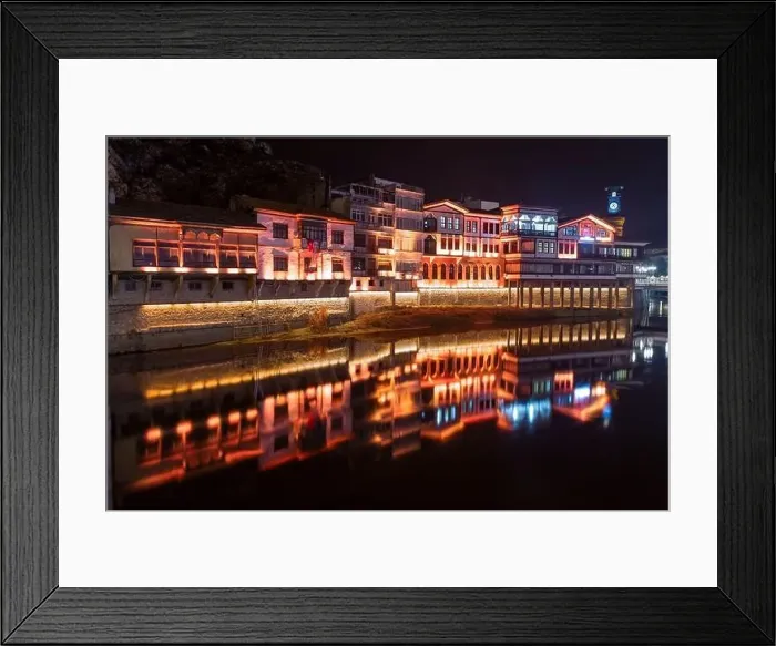 Framed Print : Amasya, Turkey - December 22, 2022 : Old Ottoman houses and clock tower view by the Yesilirmak River in Amasya City Framed Print : Amasya, Turkey - December 22, 2022 : Old Ottoman houses and clock tower view by the Yesilirmak River in Amasya City