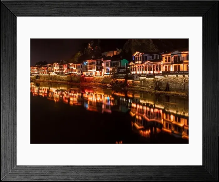 Framed Print : Amasya, Turkey - December 22, 2022 : Old Ottoman houses and clock tower view by the Yesilirmak River in Amasya City Framed Print : Amasya, Turkey - December 22, 2022 : Old Ottoman houses and clock tower view by the Yesilirmak River in Amasya City