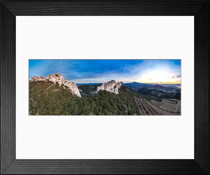 Framed Print : Aerial fly over the Dentelles de Montmirail during sunrise in Provence France Framed Print : Aerial fly over the Dentelles de Montmirail during sunrise in Provence France