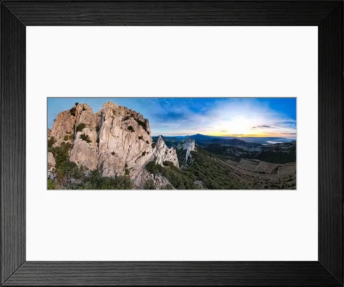 Framed Print : Aerial fly over the Dentelles de Montmirail during sunrise in Provence France Framed Print : Aerial fly over the Dentelles de Montmirail during sunrise in Provence France