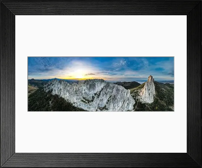 Framed Print : Aerial fly over the Dentelles de Montmirail during sunrise in Provence France Framed Print : Aerial fly over the Dentelles de Montmirail during sunrise in Provence France