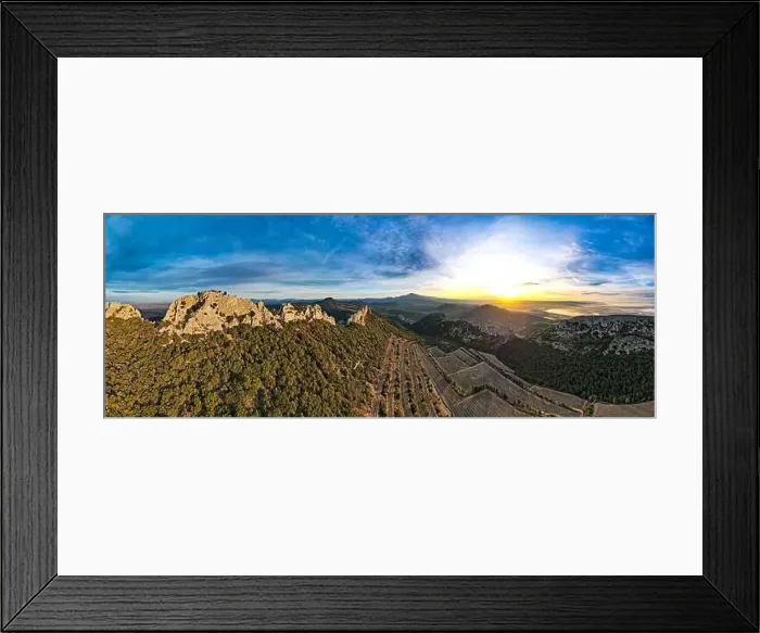 Framed Print : Aerial fly over the Dentelles de Montmirail during sunrise in Provence France Framed Print : Aerial fly over the Dentelles de Montmirail during sunrise in Provence France