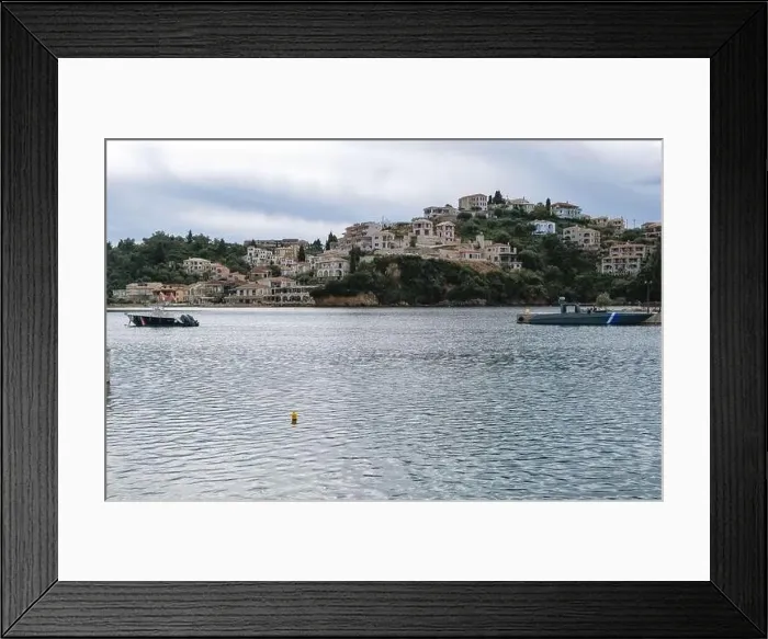 Framed Print : Parga Epirus Greece. Aerial drone view of waterfront Ionian city buildings Framed Print : Parga Epirus Greece. Aerial drone view of waterfront Ionian city buildings