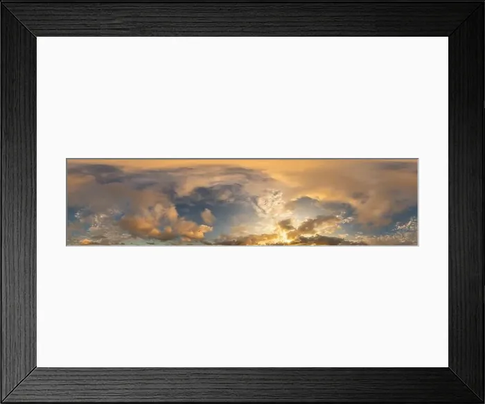 Framed Print : Golden glowing red orange overcast sunset sky panorama Framed Print : Golden glowing red orange overcast sunset sky panorama