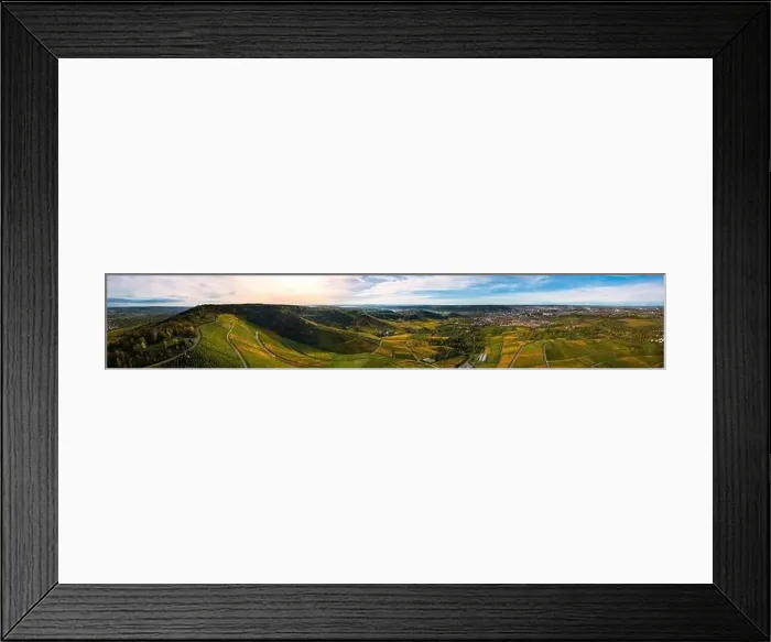 Framed Print : Aerial view of vineyard landscape with Stuttgart in background, sunrise in autumn Framed Print : Aerial view of vineyard landscape with Stuttgart in background, sunrise in autumn
