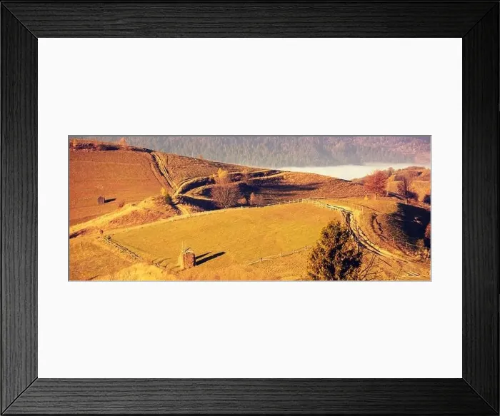 Framed Print : Top view of the colorful slopes of the mountains on an autumn sunny day. Carpathians, Ukraine. Horizontal banner;