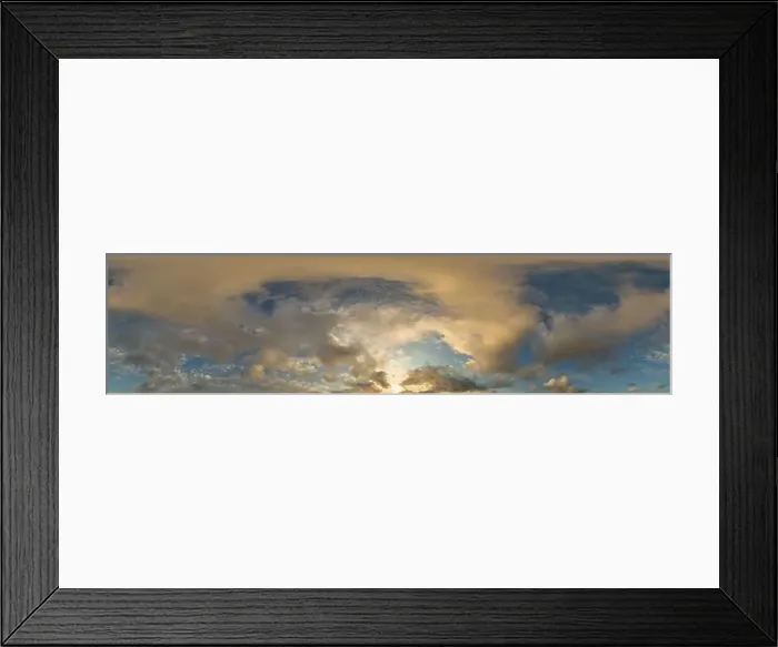 Framed Print : Dark blue sunset sky panorama with golden Cumulus clouds Framed Print : Dark blue sunset sky panorama with golden Cumulus clouds