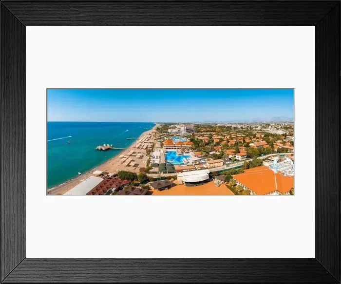 Framed Print : ropical landscape with palm trees, parasols, white sand, ocean Framed Print : ropical landscape with palm trees, parasols, white sand, ocean