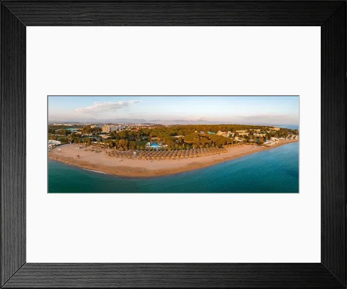 Framed Print : ropical landscape with palm trees, parasols, white sand, ocean Framed Print : ropical landscape with palm trees, parasols, white sand, ocean