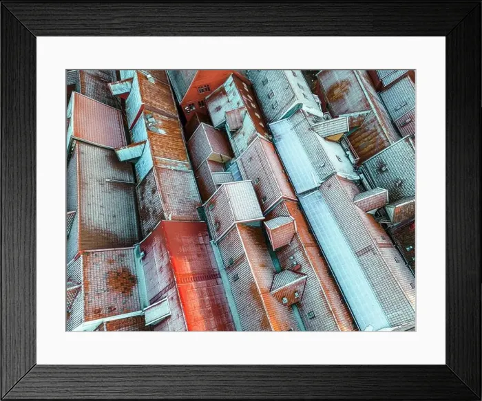 Framed Print : Roofs Covered with Snow. Aerial View