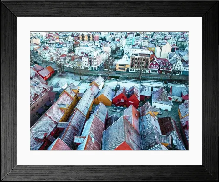 Framed Print : Roofs Covered with Snow. Aerial View
