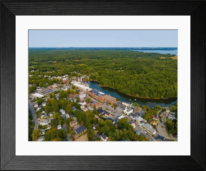 Framed Print : Newmarket Mills building aerial view on Lamprey River on Main Street in historic town center of Newmarket Framed Print : Newmarket Mills building aerial view on Lamprey River on Main Street in historic town center of Newmarket