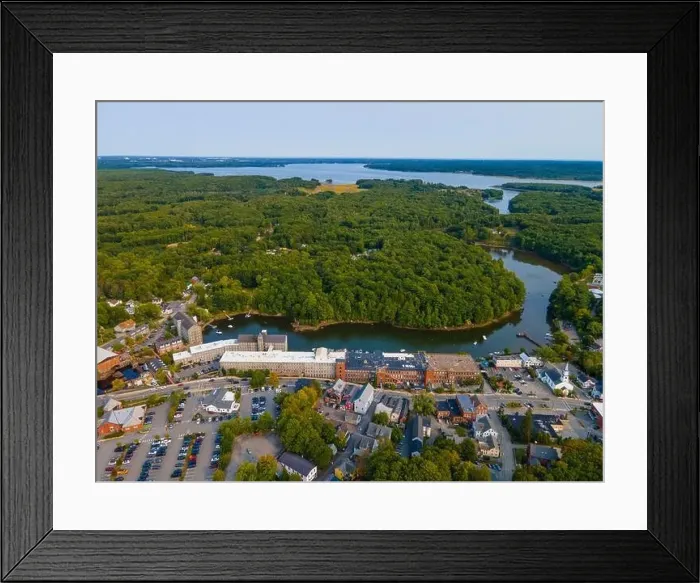 Framed Print : Newmarket Mills building aerial view on Lamprey River on Main Street in historic town center of Newmarket