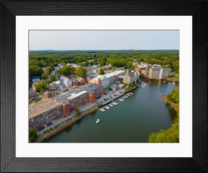 Framed Print : Newmarket Mills building aerial view on Lamprey River on Main Street in historic town center of Newmarket Framed Print : Newmarket Mills building aerial view on Lamprey River on Main Street in historic town center of Newmarket