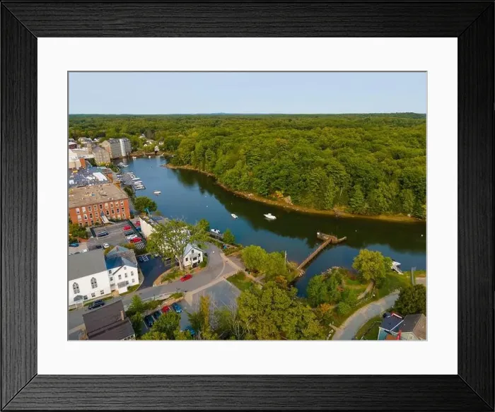 Framed Print : Newmarket Mills building aerial view on Lamprey River on Main Street in historic town center of Newmarket Framed Print : Newmarket Mills building aerial view on Lamprey River on Main Street in historic town center of Newmarket