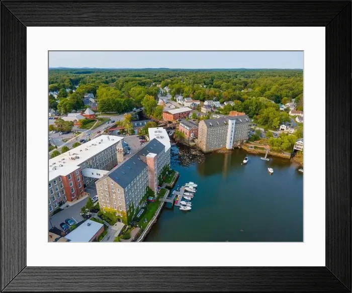 Framed Print : Newmarket Mills building aerial view on Lamprey River on Main Street in historic town center of Newmarket Framed Print : Newmarket Mills building aerial view on Lamprey River on Main Street in historic town center of Newmarket