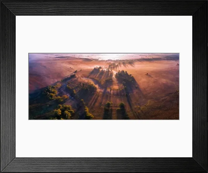 Framed Print : The channel and bends of the river, on a marshy meadow. Orange dry grass, scorched by the summer heat, and morning fog Framed Print : The channel and bends of the river, on a marshy meadow. Orange dry grass, scorched by the summer heat, and morning fog