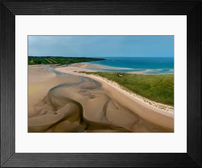 Framed Print : Panorama drone landscape view of the beautiful golden sand beach at Lacken Strand on the coast of No Framed Print : Panorama drone landscape view of the beautiful golden sand beach at Lacken Strand on the coast of No