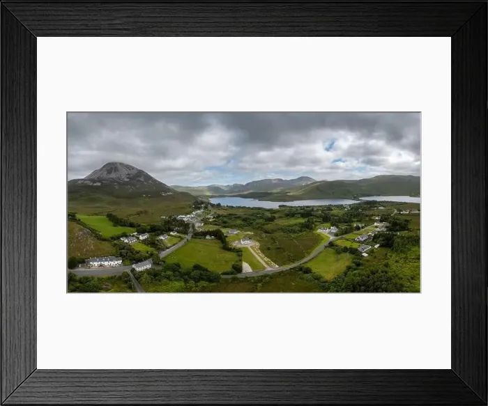 Framed Print : A drone panorama landcape of the village of Money Beg and Errigal Mountain on Lough Nacung Upper Framed Print : A drone panorama landcape of the village of Money Beg and Errigal Mountain on Lough Nacung Upper