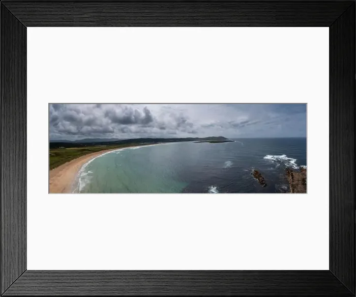 Framed Print : Panorama aerial view of the golden sand beach and turquoise waters of the beach at Narin-Portnoo Framed Print : Panorama aerial view of the golden sand beach and turquoise waters of the beach at Narin-Portnoo