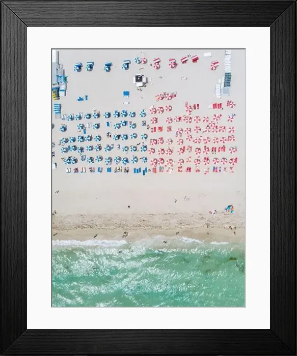 Framed Print : Drone aerial view at Miami South Beach Florida, Beach with colorful chairs and umbrellas Framed Print : Drone aerial view at Miami South Beach Florida, Beach with colorful chairs and umbrellas